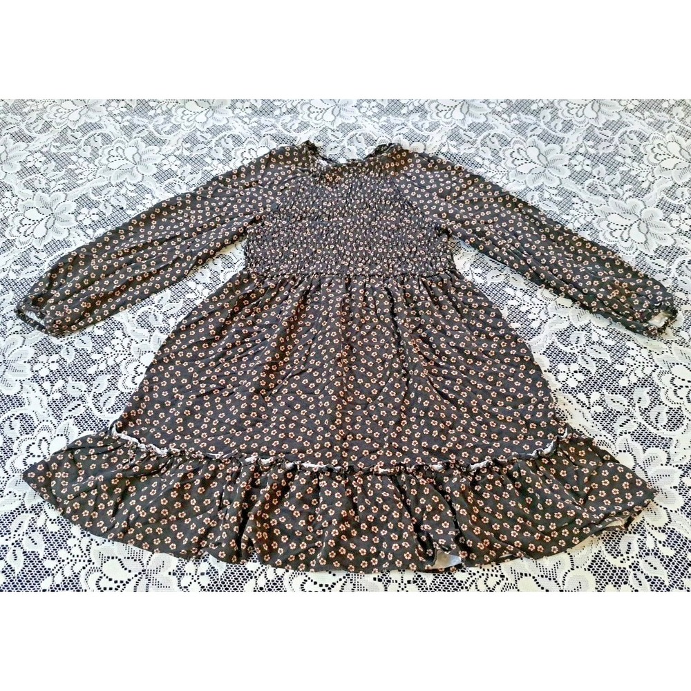 Zara Mini Dress Junior Sz. 13-14 Black Floral Smocked Front Long Sleeve Babydoll - Picture 5 of 10